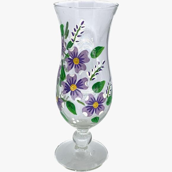 Hand Painted Flower Vase Clear Glass Bud Purple  8" Stem Elegant 2.5" Diameter - Picture 1 of 8